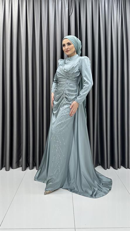 4746 H - MAYA Ek Etek ve Boncuk İşleme Detaylı Karpuz Kollu Saten Abiye Elbise-Mavi