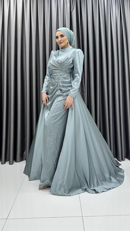 4746 H - MAYA Ek Etek ve Boncuk İşleme Detaylı Karpuz Kollu Saten Abiye Elbise-Mavi