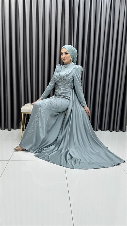 4746 H - MAYA Ek Etek ve Boncuk İşleme Detaylı Karpuz Kollu Saten Abiye Elbise-Mavi