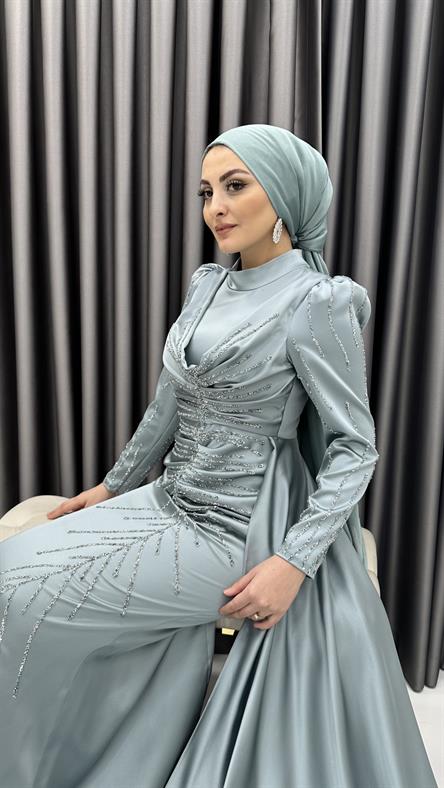 4746 H - MAYA Ek Etek ve Boncuk İşleme Detaylı Karpuz Kollu Saten Abiye Elbise-Mavi