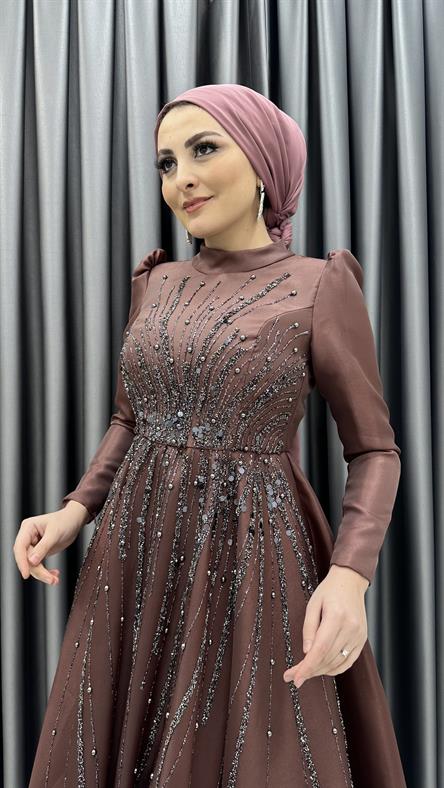 4748 H - MASAL İnci ve Boncuk Detaylı Pileli Etekli Tafta Abiye Elbise-Gül Rengi