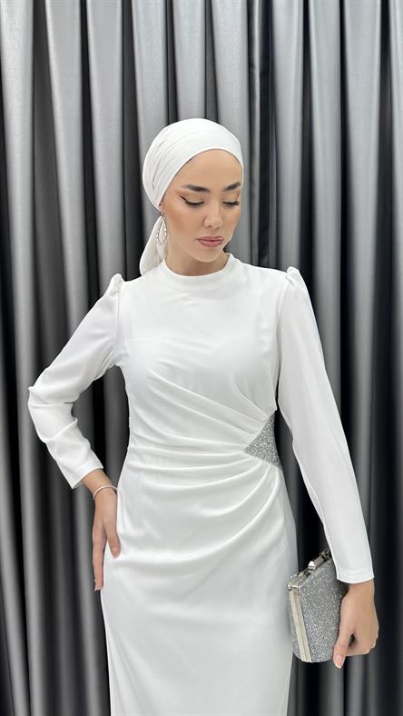 4898 S - Bel Drapeli ve Taş Detaylı Saten Abiye Elbise-Ekru