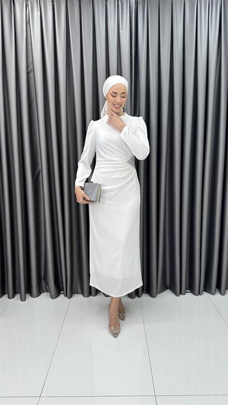 4898 S - Bel Drapeli ve Taş Detaylı Saten Abiye Elbise-Ekru