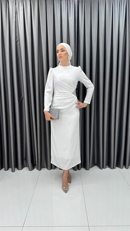 4898 S - Bel Drapeli ve Taş Detaylı Saten Abiye Elbise-Ekru