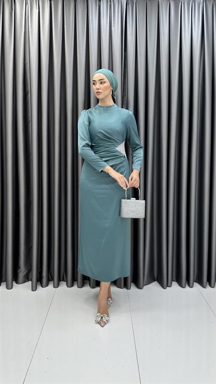 4898 S - Bel Drapeli ve Taş Detaylı Saten Abiye Elbise-Mint