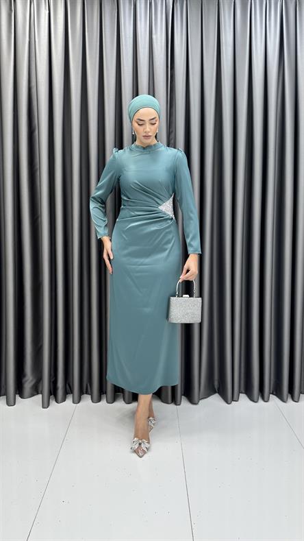 4898 S - Bel Drapeli ve Taş Detaylı Saten Abiye Elbise-Mint