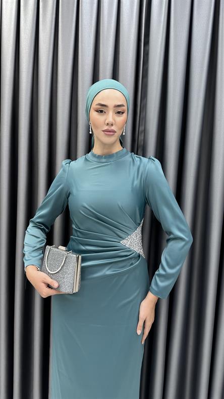 4898 S - Bel Drapeli ve Taş Detaylı Saten Abiye Elbise-Mint