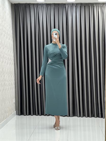 4898 S - Bel Drapeli ve Taş Detaylı Saten Abiye Elbise-Mint