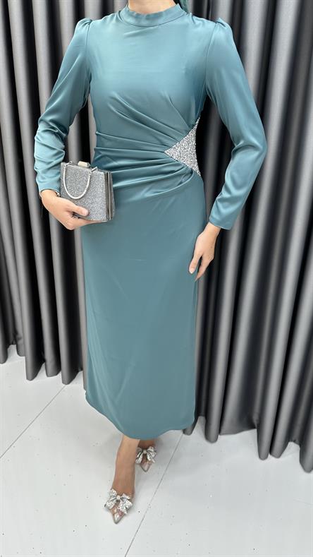 4898 S - Bel Drapeli ve Taş Detaylı Saten Abiye Elbise-Mint