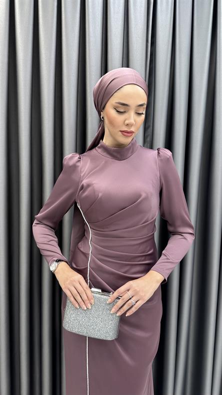 4749 H - SEREN Arkaya Doğru Uzayan Etek Detaylı ve Bel Drapeli Sade Kesim Saten Abiye Elbise-Gül Rengi