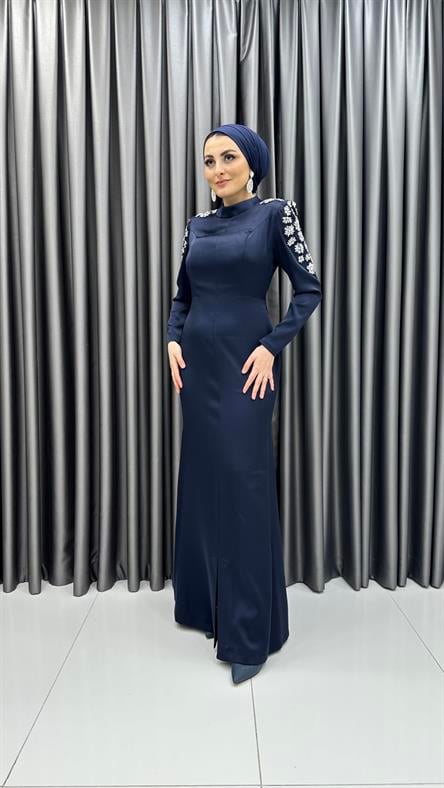 4756 H - PAMELA Omuzlarda Taş Motifli ve Balık Etek Kesimli Saten Abiye Elbise-Lacivert