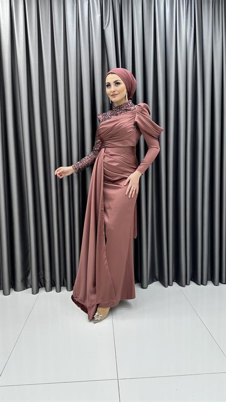 4758 H - VENESSA Tek Omuzdan Boncuk ve Ek Parçalı Etek Detaylı Saten Abiye Elbise-Gül Rengi
