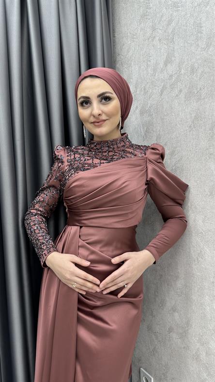 4758 H - VENESSA Tek Omuzdan Boncuk ve Ek Parçalı Etek Detaylı Saten Abiye Elbise-Gül Rengi