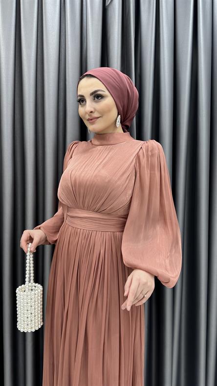 4759 H - ALİNA Balon Kol Detaylı ve Pileli Rahat Kesim Saten Abiye Elbise-Marsala