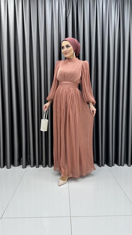 4759 H - ALİNA Balon Kol Detaylı ve Pileli Rahat Kesim Saten Abiye Elbise-Marsala