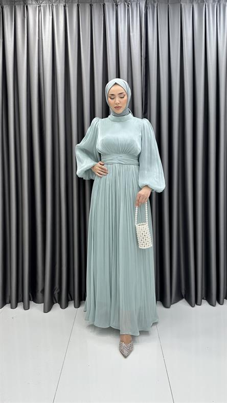 4759 H - ALİNA Balon Kol Detaylı ve Pileli Rahat Kesim Saten Abiye Elbise-Mint