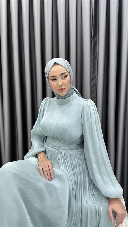 4759 H - ALİNA Balon Kol Detaylı ve Pileli Rahat Kesim Saten Abiye Elbise-Mint