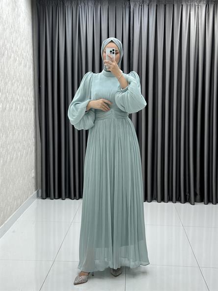 4759 H - ALİNA Balon Kol Detaylı ve Pileli Rahat Kesim Saten Abiye Elbise-Mint