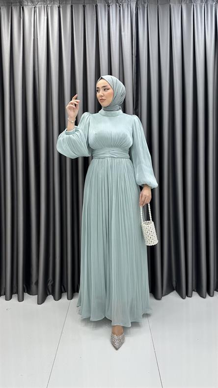 4759 H - ALİNA Balon Kol Detaylı ve Pileli Rahat Kesim Saten Abiye Elbise-Mint