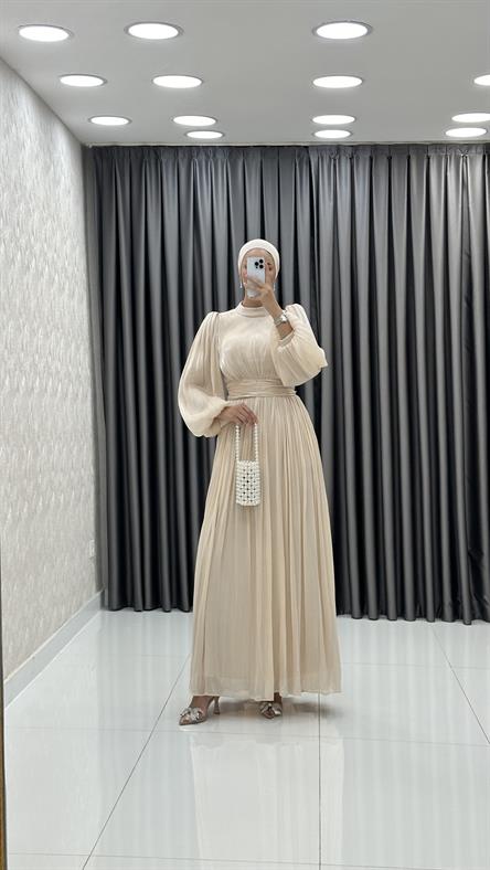 4759 H - ALİNA Balon Kol Detaylı ve Pileli Rahat Kesim Saten Abiye Elbise-Gold Rengi
