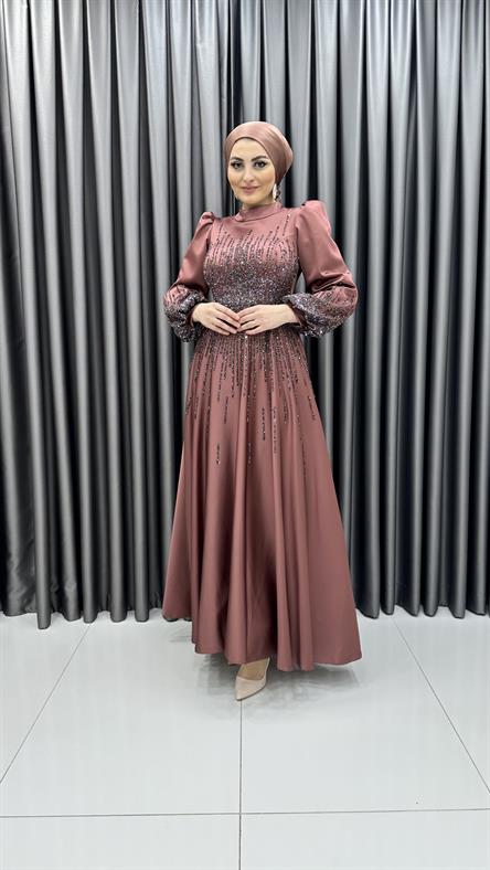 4760 H - DİLAY Boncuk İşlemeli Balon Kollu Saten Abiye Elbise-Gül Rengi