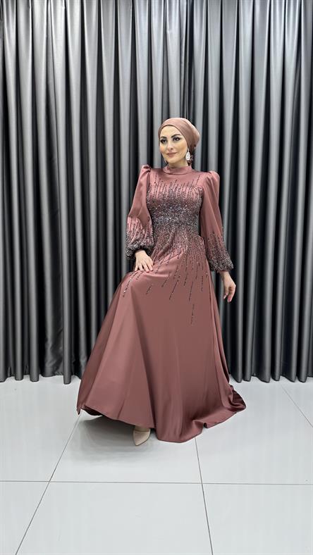 4760 H - DİLAY Boncuk İşlemeli Balon Kollu Saten Abiye Elbise-Gül Rengi