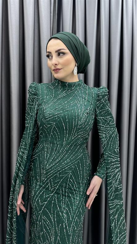 4764 H - ASENA Pelerin Kol Detaylı Balık Kesim Simli Tül Abiye-Zümrüt