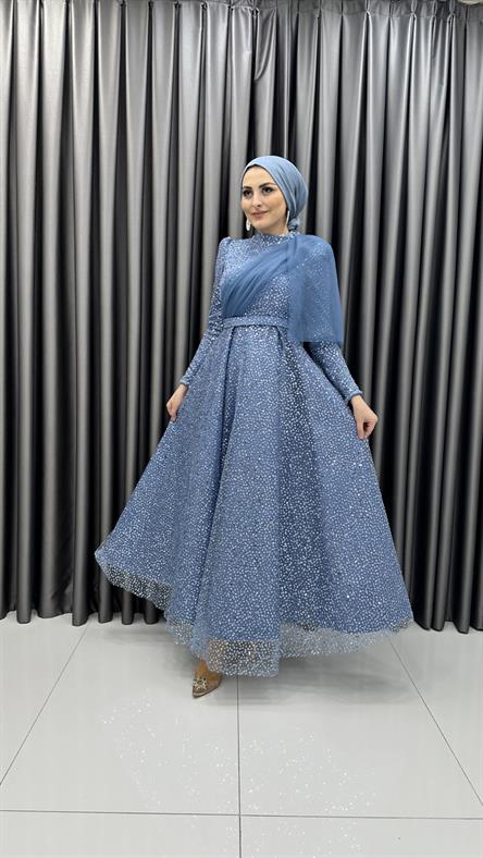 4766 H - DELLA Tek Omuzdan Tül Detaylı Boncuklu Tül Kumaş Abiye Elbise-İndigo Mavi