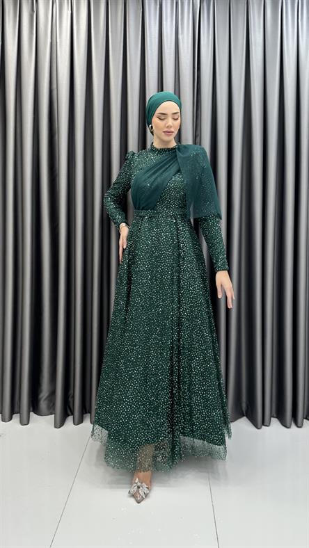 4766 H - DELLA Tek Omuzdan Tül Detaylı Boncuklu Tül Kumaş Abiye Elbise-Zümrüt
