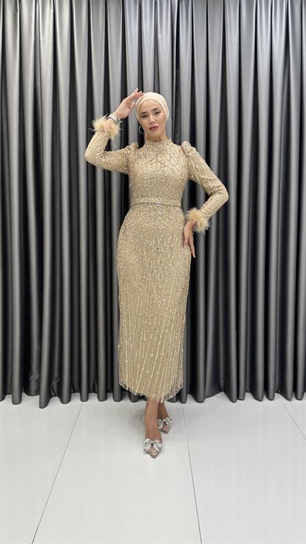 4767 H - BADE Tüylü Manşet Detaylı Boncuklu Tül Abiye Elbise-Gold Rengi