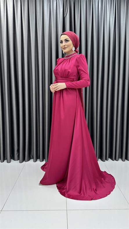 4771 H - RAHMA Taş İşlemeli Yakalık ve Göğüs Drapesi Detaylı Saten Abiye Elbise-Fuşya