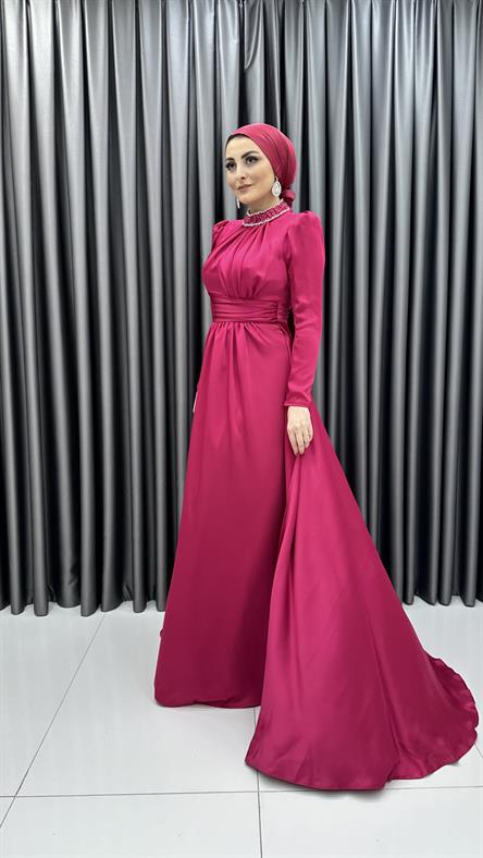 4771 H - RAHMA Taş İşlemeli Yakalık ve Göğüs Drapesi Detaylı Saten Abiye Elbise-Fuşya