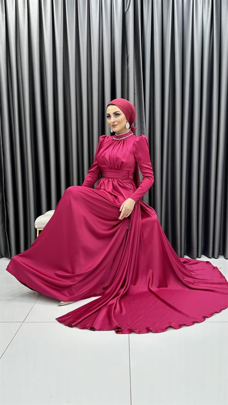 4771 H - RAHMA Taş İşlemeli Yakalık ve Göğüs Drapesi Detaylı Saten Abiye Elbise-Fuşya