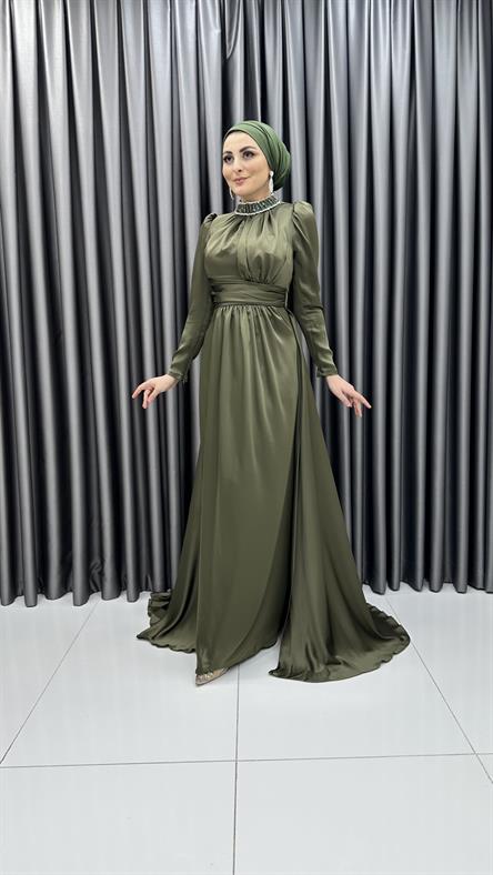 4771 H - RAHMA Taş İşlemeli Yakalık ve Göğüs Drapesi Detaylı Saten Abiye Elbise-Haki