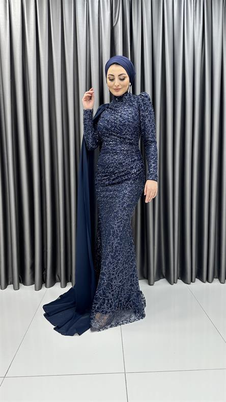 4773 H - MEYRA Tek Kolda Pelerin Detaylı Boncuklu Tül Abiye Elbise-Lacivert