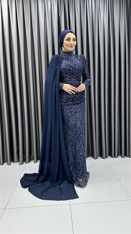 4773 H - MEYRA Tek Kolda Pelerin Detaylı Boncuklu Tül Abiye Elbise-Lacivert
