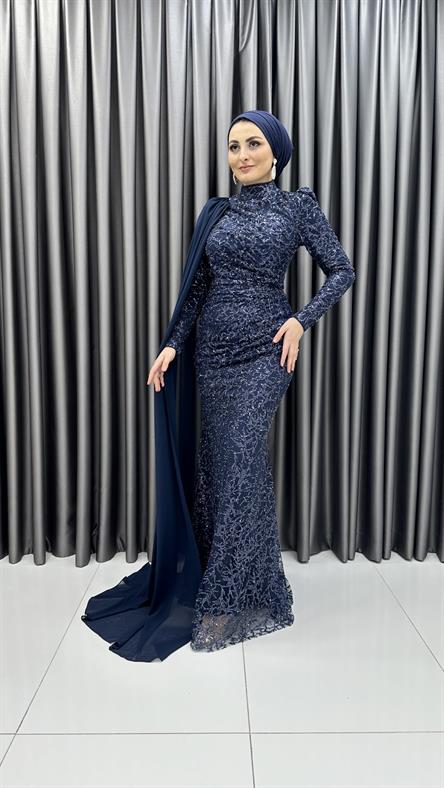 4773 H - MEYRA Tek Kolda Pelerin Detaylı Boncuklu Tül Abiye Elbise-Lacivert