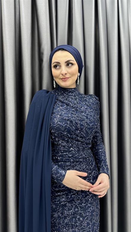 4773 H - MEYRA Tek Kolda Pelerin Detaylı Boncuklu Tül Abiye Elbise-Lacivert