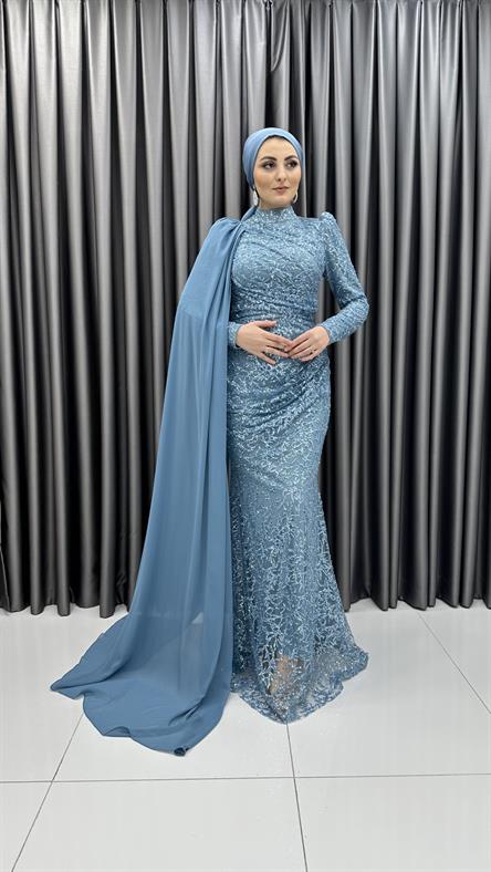 4773 H - MEYRA Tek Kolda Pelerin Detaylı Boncuklu Tül Abiye Elbise-Mavi