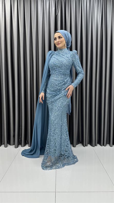 4773 H - MEYRA Tek Kolda Pelerin Detaylı Boncuklu Tül Abiye Elbise-Mavi