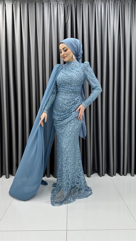 4773 H - MEYRA Tek Kolda Pelerin Detaylı Boncuklu Tül Abiye Elbise-Mavi