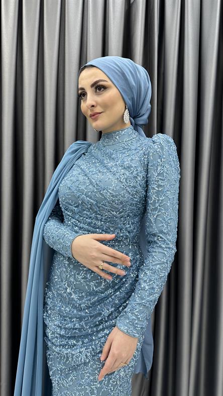 4773 H - MEYRA Tek Kolda Pelerin Detaylı Boncuklu Tül Abiye Elbise-Mavi