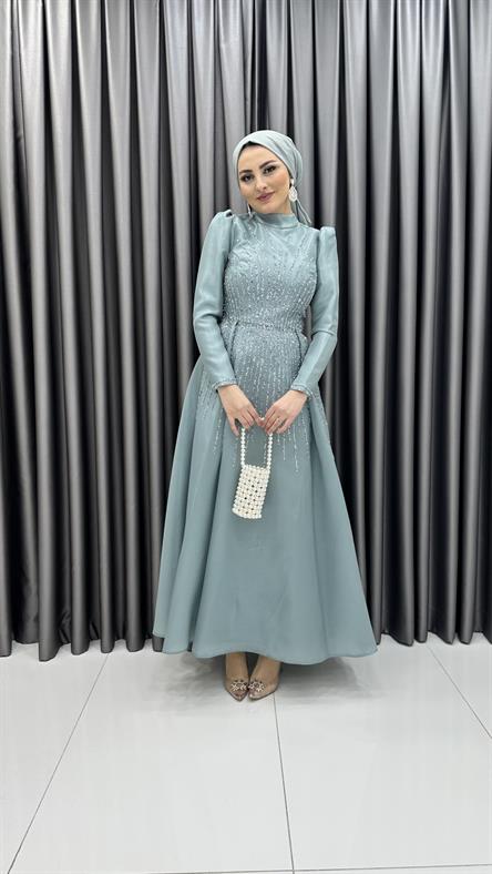 4774 H - BİHTER Karpuz Kollu ve Boncuk İşlemeli Prenses Model Tafta Abiye Elbise-Mavi