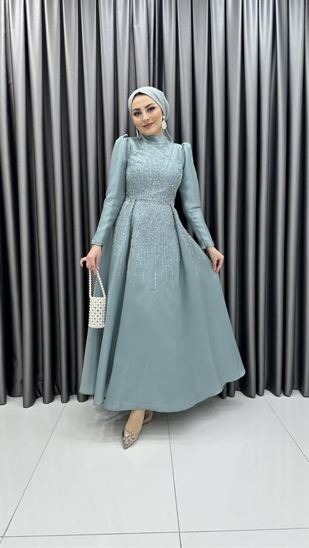 4774 H - BİHTER Karpuz Kollu ve Boncuk İşlemeli Prenses Model Tafta Abiye Elbise-Mavi