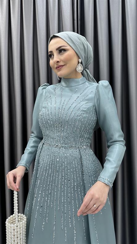 4774 H - BİHTER Karpuz Kollu ve Boncuk İşlemeli Prenses Model Tafta Abiye Elbise-Mavi