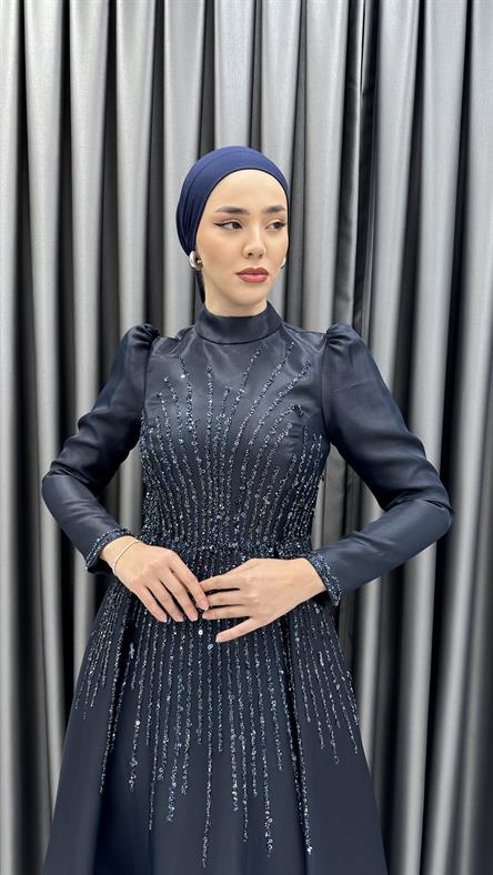 4774 H - BİHTER Karpuz Kollu ve Boncuk İşlemeli Prenses Model Tafta Abiye Elbise-Lacivert