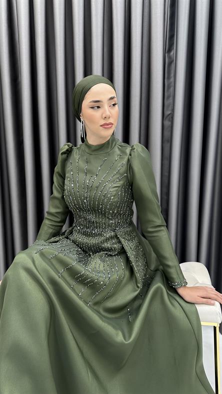 4774 H - BİHTER Karpuz Kollu ve Boncuk İşlemeli Prenses Model Tafta Abiye Elbise-Haki