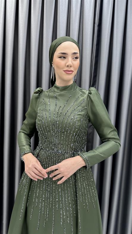 4774 H - BİHTER Karpuz Kollu ve Boncuk İşlemeli Prenses Model Tafta Abiye Elbise-Haki