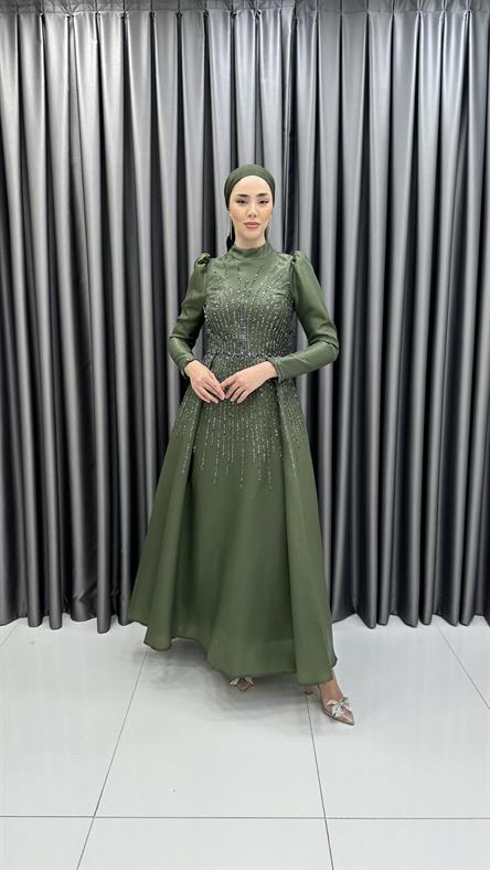 4774 H - BİHTER Karpuz Kollu ve Boncuk İşlemeli Prenses Model Tafta Abiye Elbise-Haki
