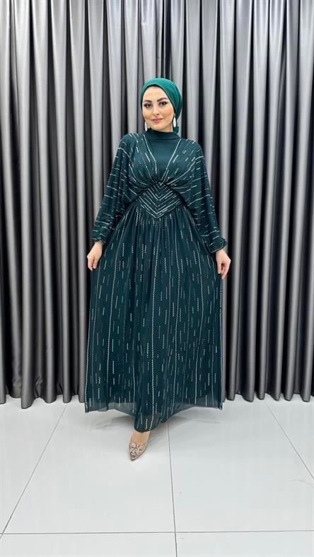 4775 H - Belde Motif ve Yarasa Kol Detaylı Boncuk İşlemeli Şifon Abiye Elbise-Zümrüt